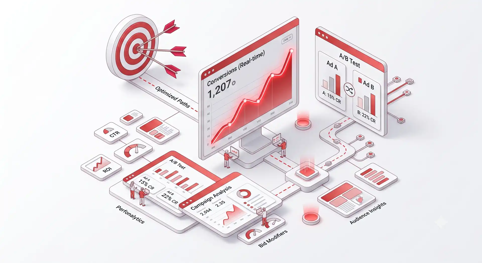 AdByteHub campaign optimization dashboard showing A/B testing, attribution and ROAS improvements