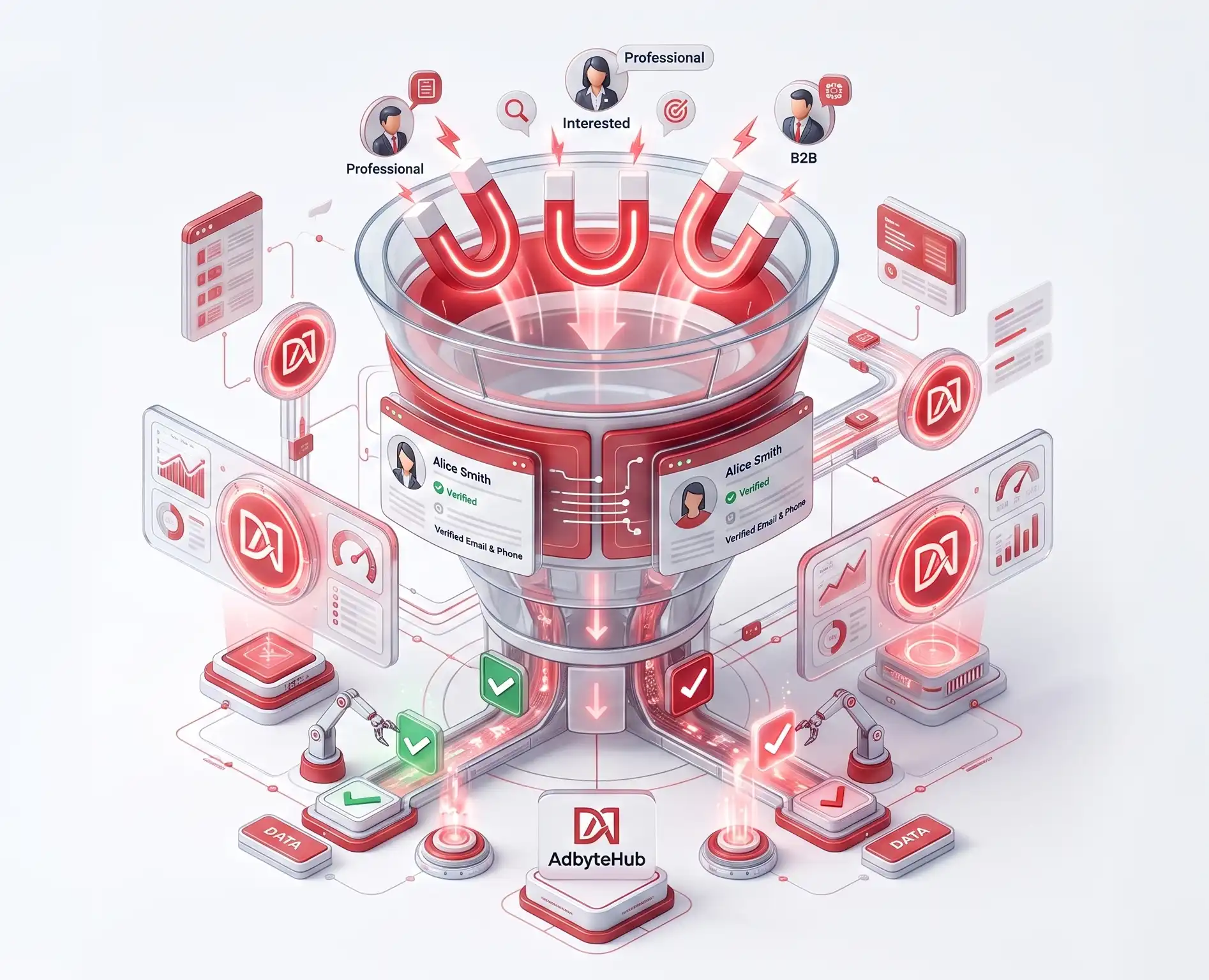 AdByteHub lead generation funnel showing verified leads flowing into CRM systems in real time