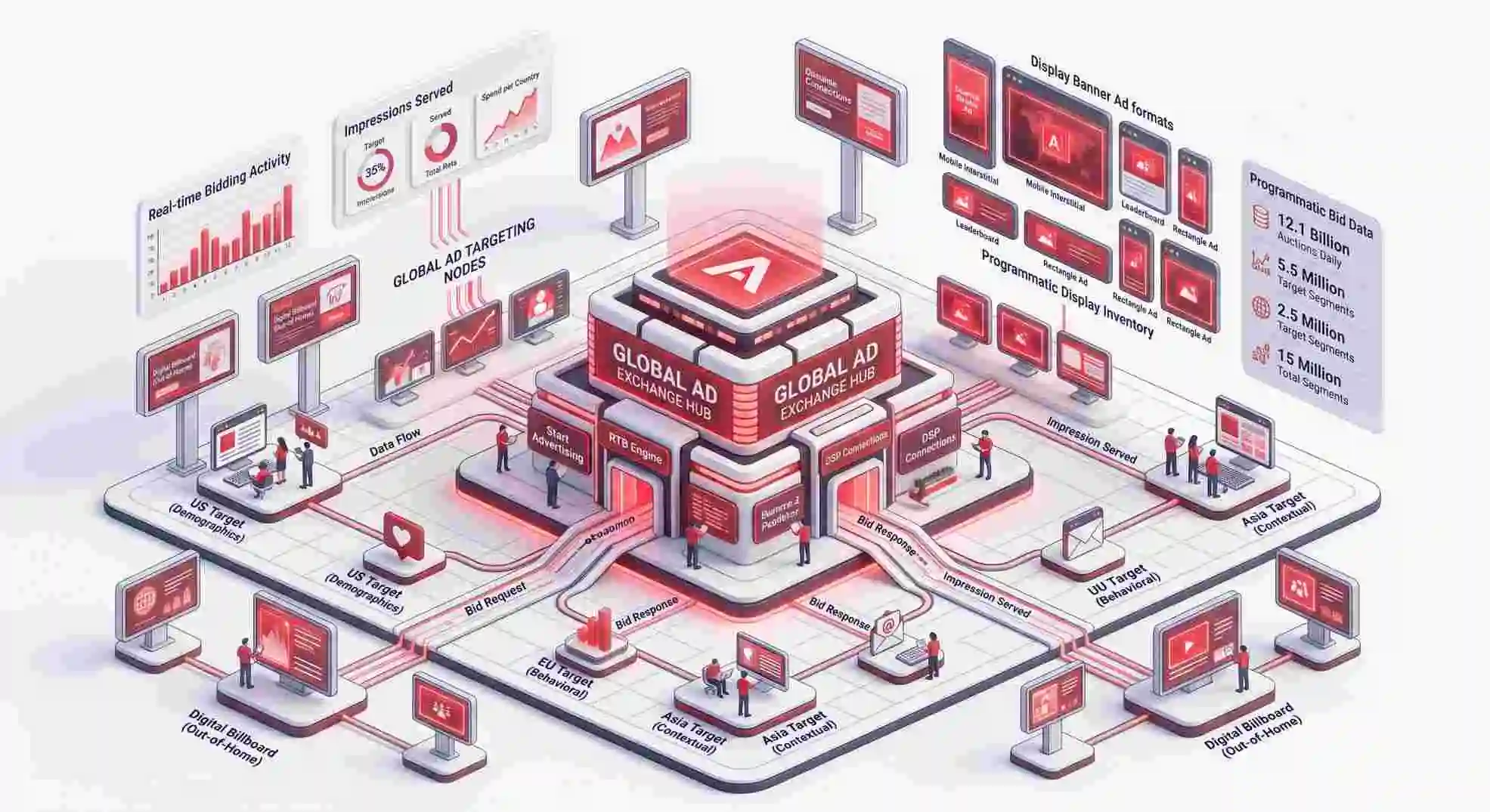 AdByteHub global ad exchange hub showing programmatic bidding, display inventory and targeting nodes