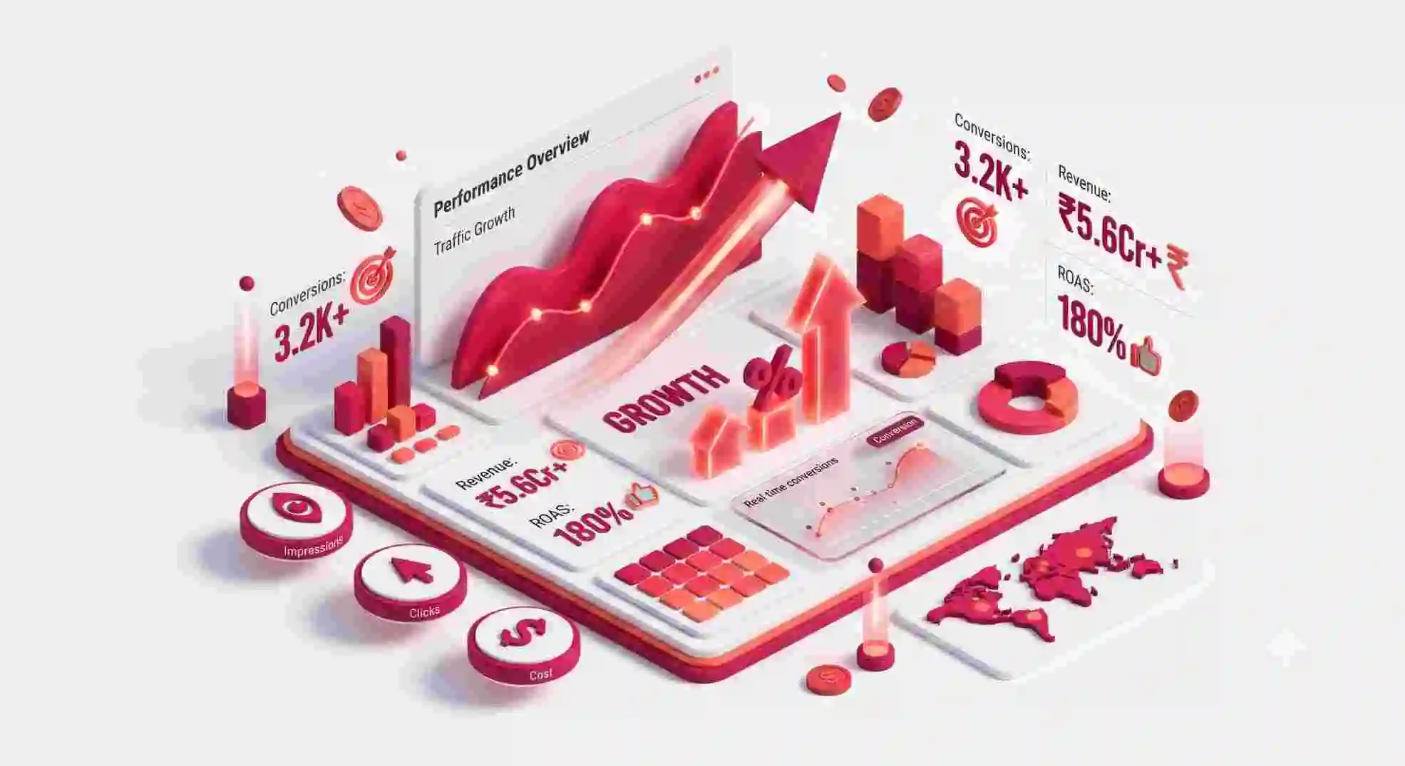 AdByteHub performance marketing dashboard showing traffic growth, conversions, revenue and ROAS
